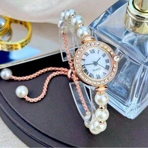 Pearl & Rhinestone Rose Gold Bolo Watch